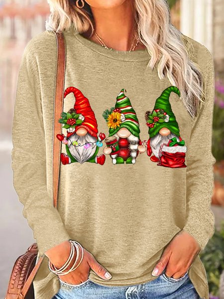 Women Christmas Gnomes Print Casual Top, Apricot, Long sleeves