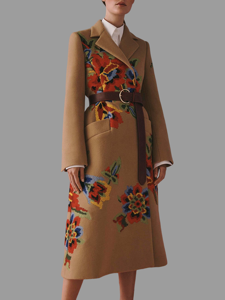Long sleeve Lapel Collar Regular Fit Floral Overcoat, Brown, Coats