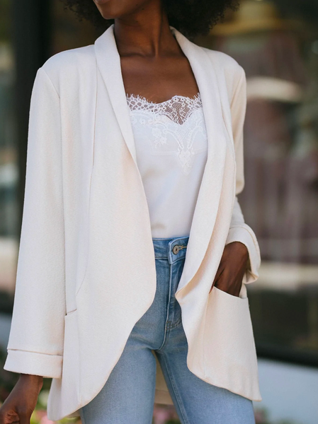Woolen Casual Shawl Collar Blazer, White, Outerwear