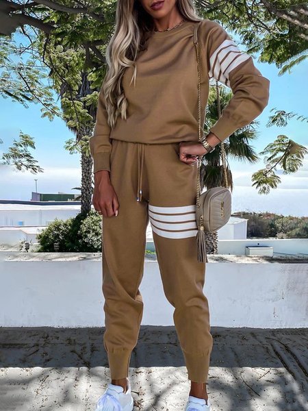 Loose Striped Crew Neck Two Piece Sets, Brown, Suit Set