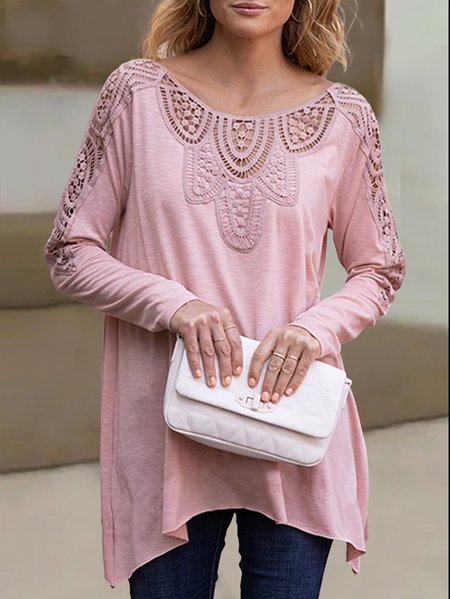Lace Crew Neck Plain Loose T-Shirt, Pink, Tunics