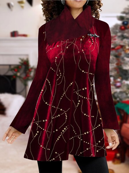 Christmas Shawl Collar Geometric Regular Fit Jacket, Red, Outerwear