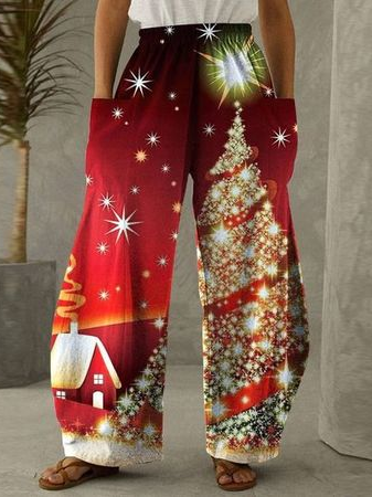 Christmas Loose Casual Long Pants, Red, Pants