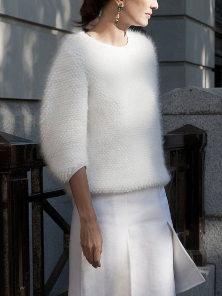 Elegant Three Quarter Sleeve Plain Loose Crew Neck Sweater, White, Pullovers