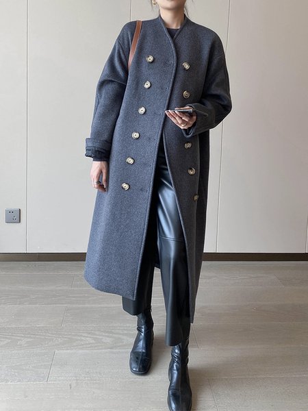 Long sleeve Regular Fit Plain Crew Neck Overcoat, Deep gray, Coats