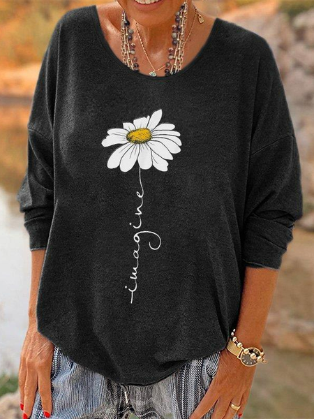 Floral Casual Off Shoulder Sleeve T-Shirt, Deep gray, T-Shirts