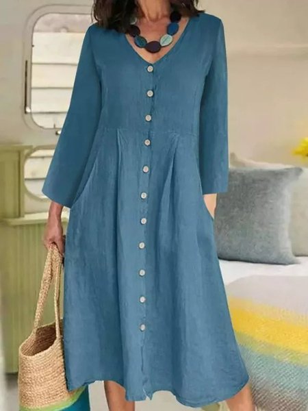 Casual Plain Cotton Linen Dress, Blue, Midi Dresses