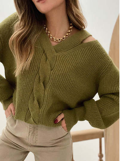 Plain Loose V Neck Sweater, Army green, Sweaters
Plain Loose V Neck Sweater, Army green, Sweaters