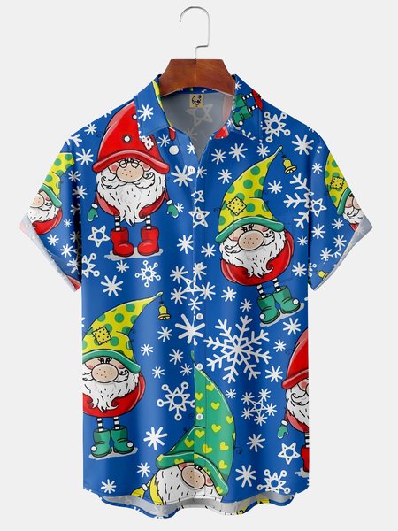 Snowflake Christmas Chest Pocket Short Sleeve Shirt Christmas Collection Lapel Print Top, Blue, Short Sleeve Shirts