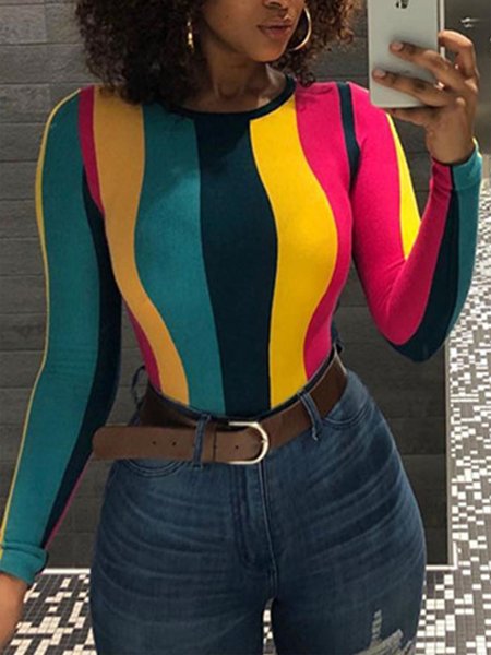 Long sleeve Turtleneck Daily Urban Striped T-Shirt, Blue, Tees