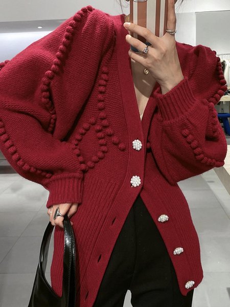 Daily Long sleeve Regular Fit V Neck Sweater Coat, Red, Cardigans