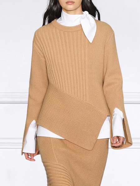 Crew Neck Long sleeve Loose Sweater, Khaki, Pullovers
