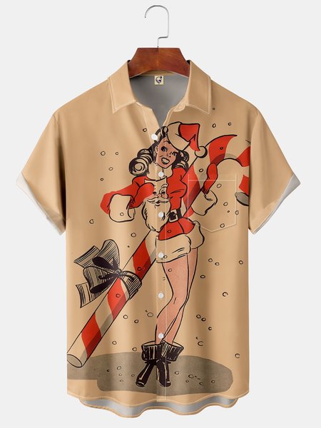 Men's Christmas Print Short Sleeve Hawaiian Shirt with Chest Pocket, Khaki, Short Sleeve Shirts