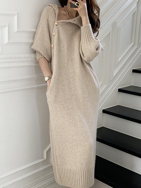 Long sleeve Loose Elegant Plain Midi Dress, Light camel, Midi Dresses