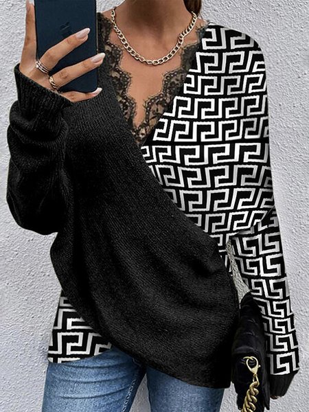 Loose Geometric Long Sleeve Sweater, Black-white, Pullovers