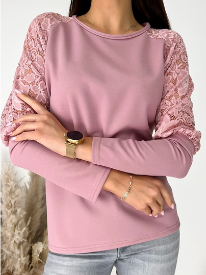 Lace Crew Neck Casual Cotton-Blend T-Shirt, Pink, Tops