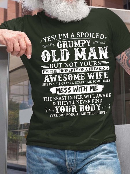 Men Grumpy Old Man Awesome Wife Mess With Me Casual T-Shirt, Darkgreen, T-shirts