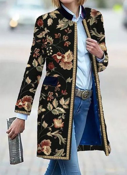 Floral Black Boho Overcoat Stand Collar, Outerwear