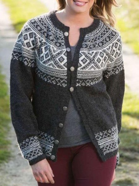 Casual Ethnic Floral Design Knit Loose Sweater, Black, Cardigans