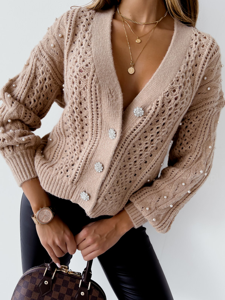 Beaded V Neck Cotton-Blend Loose Sweater Coat, Khaki, Sweaters