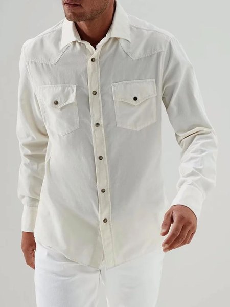 Men's Cotton and Linen Multi-Bag Workwear Long Sleeve Shirt, White, Long Sleeve Shirts