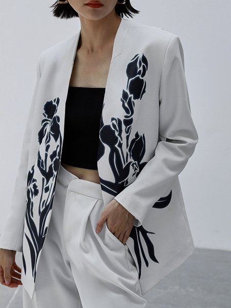 Daily Long sleeve Urban V Neck Floral Blazer, White, Blazers