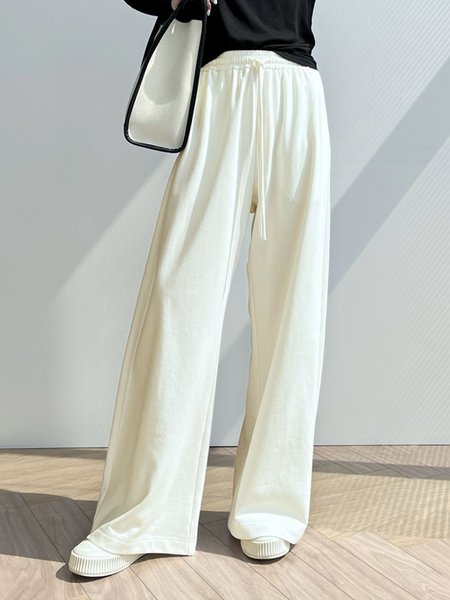 Long Daily Simple Plain Casual Pants, Off white, Pants