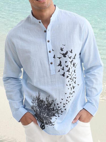 Tree and Birds Print Long Sleeve Shirt Casual Style Henley Collar Top, Blue, Long Sleeve Shirts
Tree and Birds Print Long Sleeve Shirt Casual Style Henley Collar Top, Blue, Long Sleeve Shirts