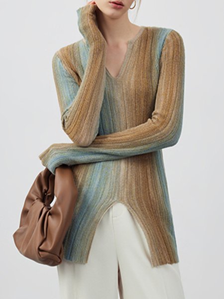 Urban V neck Ombre Split Sweater, Multicolor, Pullovers