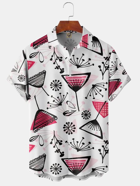 Geometric Pattern Chest Pocket Short Sleeve Shirt, Red, Men Shirts