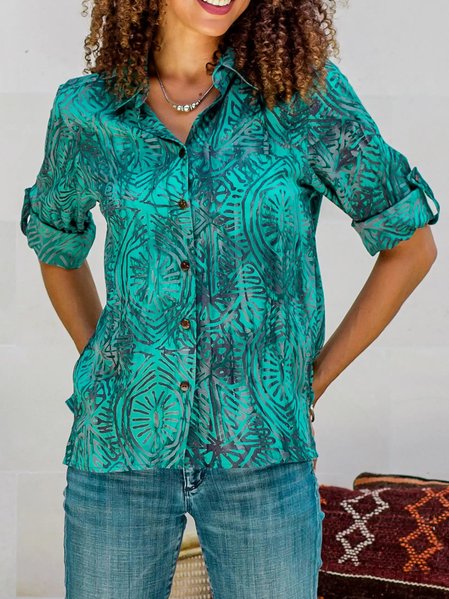 Casual Ethnic Shirt Collar Blouse, Cyan, Blouses & Shirts