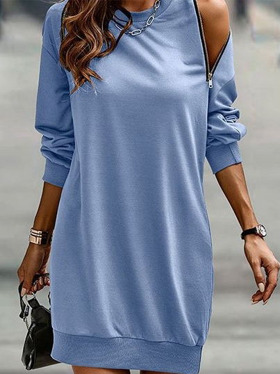 Casual Crew Neck Zipper Dresses, Blue, Mini Dresses