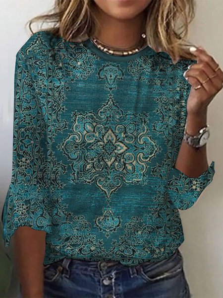 Ethnic Floral Flared Sleeve Loose T-Shirt, Green, Long sleeves