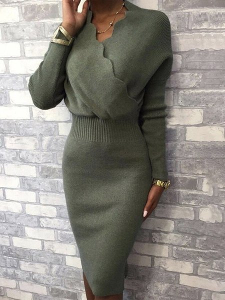 Elegant Tight Long Sleeve Plain Midi Dress, Camouflage green, Midi Dresses