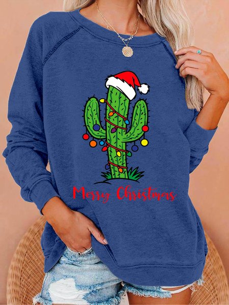 Women Funny Merry Christmas Cactus Simple Crew Neck Sweatshirts, Dark blue, Hoodies&Sweatshirts