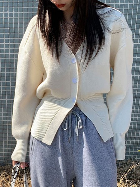 V Neck Long sleeve Sweater Coat, Beige, Cardigans