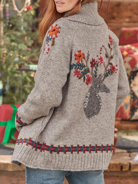 Floral Shawl Collar Boho Sweater Coat, Gray, Outerwear
