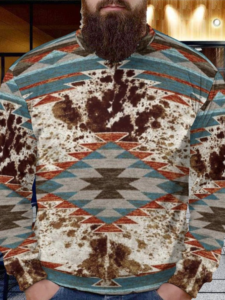 Men's Aztac Cow Pattern Crew Neck Loose Sweatshirt, As picture, Hoodies&Sweatshirts