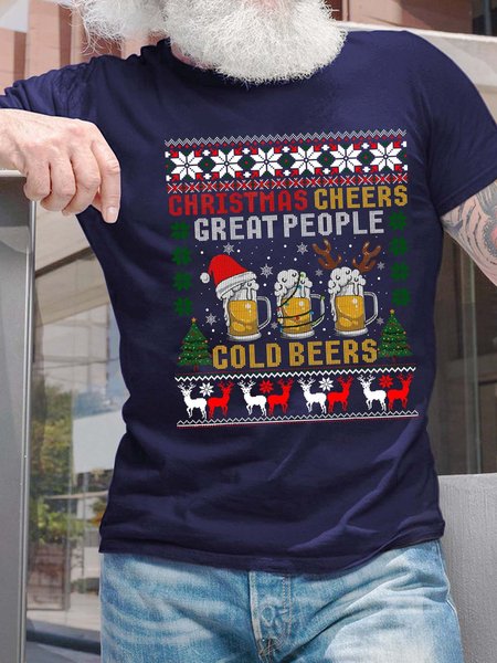 Men Christmas Cheers Great People Cold Beers Casual T-Shirt, Blue, T-shirts