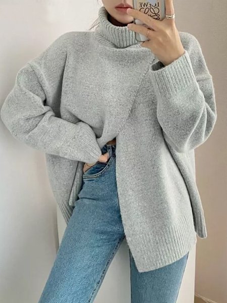 Plain Simple Long Sleeve Loosen Sweater, Gray, Pullovers