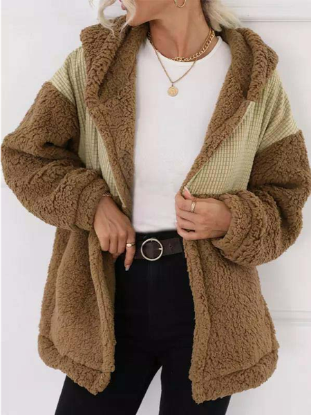 Casual Color Block Hoodie Fluff Coat, Brown, Coats