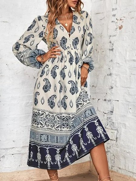 Paisley Print Lantern Sleeve Dress, Multicolor, Dresses