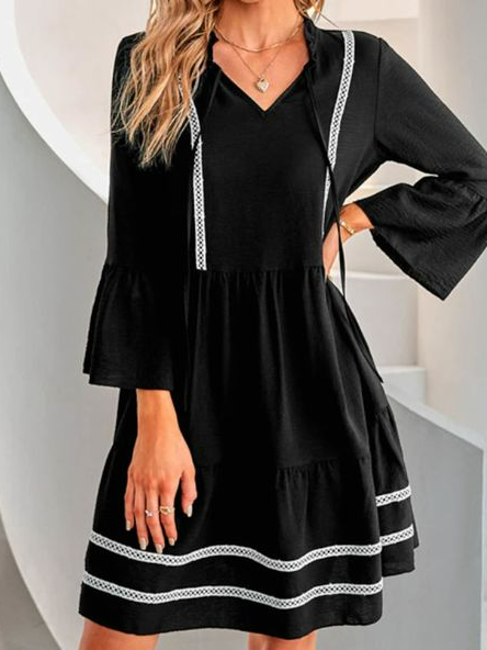 Simple Lace Stitching Plain Loose Dress, Black, Dresses