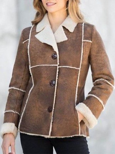 Shawl Collar Regular Fit Plain Teddy Jacket, Khaki, Outerwear