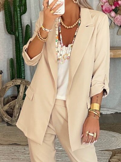 Plain Casual Lapel Collar Blazer, Beige, Blazers
