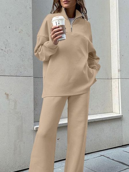 Long sleeve Simple Stand Collar Plain Sweatshirt, Khaki, Hoodies and Sweatshirts