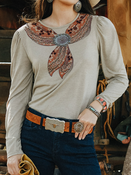 Ethnic Crew Neck Boho T-Shirt, Khaki, T-Shirts