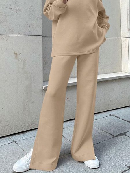 Simple Casual Mid Waist Wide leg Pants, Khaki, Pants
