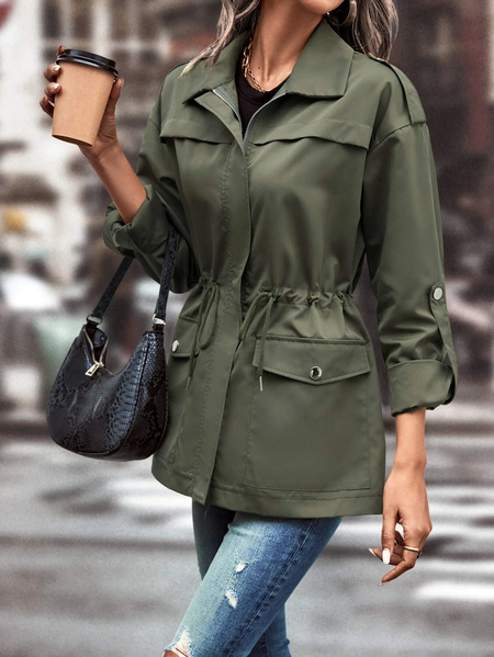 Casual Zipper Plain Loose Other Coat, Green, Jackets