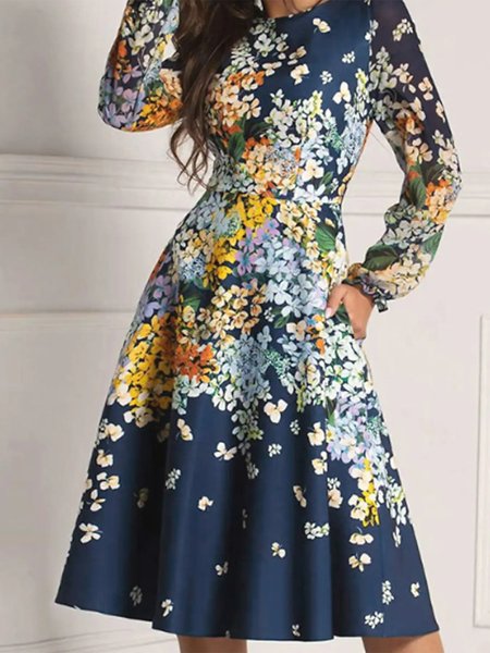 Floral Elegant Crew Neck Dresses, Blue, Dresses